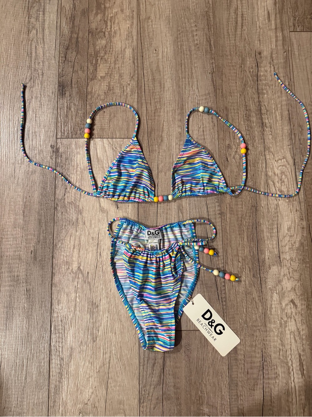 D&G Blue Multicolor Striped Beaded Triangle Bikini